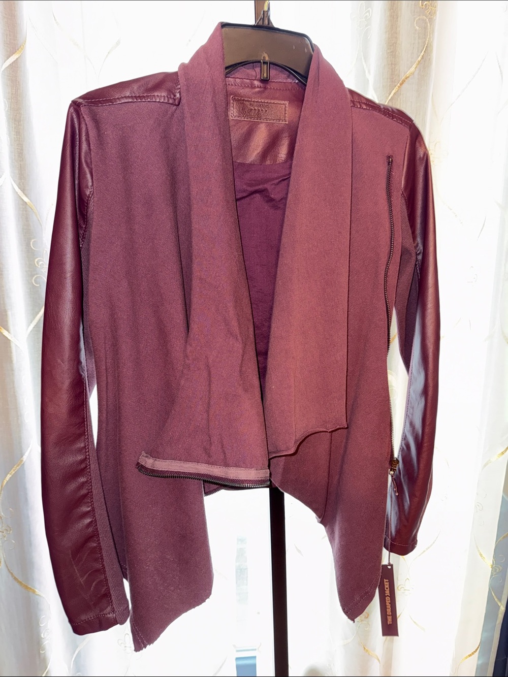 Women’s Draped Open Front Jacket in Burgundy